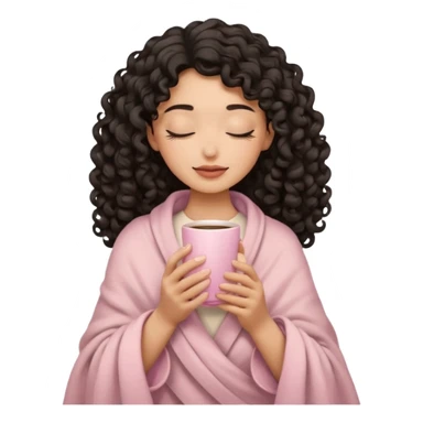 woman with medium sand tone, black long 3b curls, closed eyes, feminine face, holding soft pink coffee cup with beige blanket over shoulders sticker
