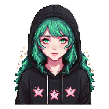 A cute girl with white skin, dark wavy hair just below her shoulders, green eyes, fair skin, a soft pink blush, and burning stars in her eyes. She has a thin neck and is wearing a black hoodie. The girl has long bangs styled on both sides of her face. sticker