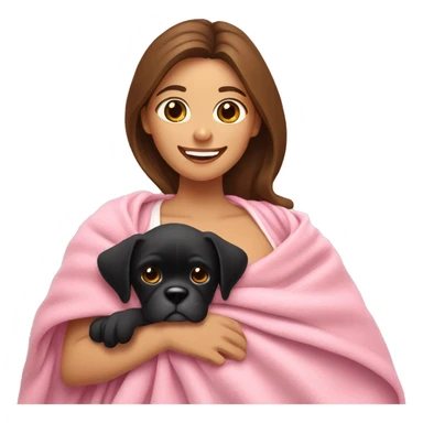 a woman with brown hair is cradling her puppy in a pink baby blanket. the puppy is a black boxer dog. the woman is smiling with mouth ajar. you can see the woman cradling the puppy like a baby from her waist up.  sticker