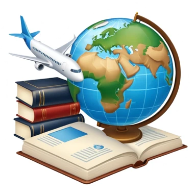 An icon featuring a hotel building, a globe, books, documents, and an airplane, symbolizing the study of tourism and hospitality. The design highlights the global travel industry, with elements of research, planning, and international travel. Transparent background. sticker