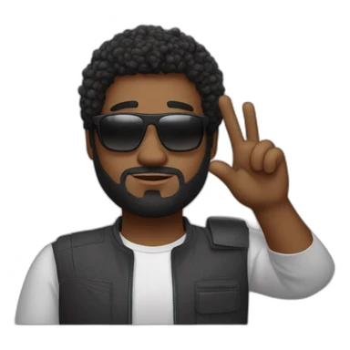 A black man with a chubby oval face, a slight beard and short frizzy hair. And sunglasses. He makes a Vulcan salute sticker