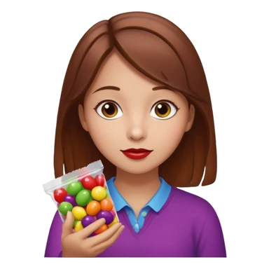 girl with brown hair holding wild berry skittles sticker