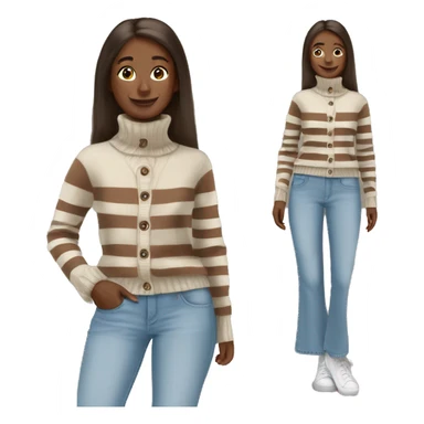 white cardigan on brown turtle neck sweater with brown white cream stripes and a flared light blue jeans sticker