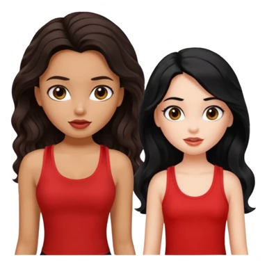 generate a pretty tan bratz girl with brown wavy hair long wearing a red tank top. talking to a girl with black hair wearing black sticker