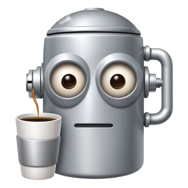 A sleepy robot with droopy eyes holding a coffee mug, looking exhausted sticker