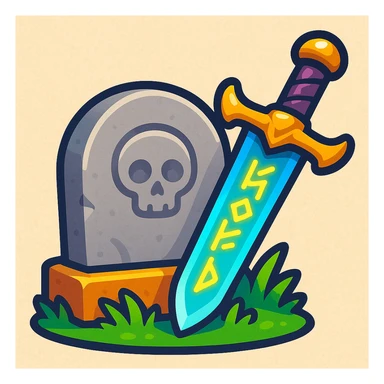 Black Desert Online emoji of a gravestone with a fantasy weapon leaning against it, referencing in-game death, in a playful style sticker