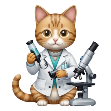 cat full body sitting with a microscope and scientist outfit sticker