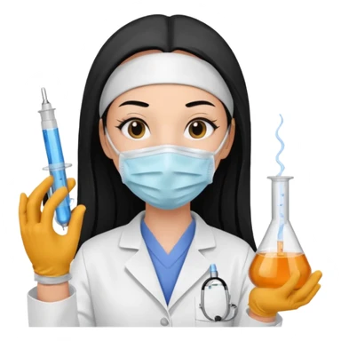 laboratorista con guantes  y mascarilla e insumos laboratorio  jeringa tubos  pelo negro largo triguella sticker