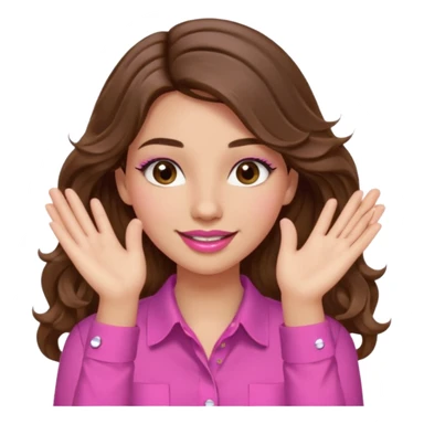 girl with long wavy brown hair, brown eyes, light to medium complexion, in a pink shirt, pink lips, long lashes, puckered lips, both hands in teh air sticker
