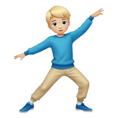 A full-body cartoon-style illustration of an 8-year-old boy with short blonde hair, designed in a vibrant . His bangs fall simply forward onto his forehead. He has blue eyes, freckles, and a friendly smile on his round face. The figure is depicted performing a dab dance move (dabbing pose)  sticker