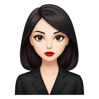 Respected actress with fair glowing skin, voluminous dark straight hair with slight waves at ends, almond eyes with refined eyeliner, defined features, red lips, black elegant outfit, poised professional expression sticker
