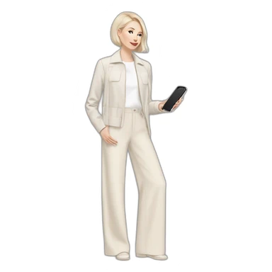 pale skin woman with ash blonde Straightened bob Hair, White Spacious classical jacket, beige palazzo Arrow pants and gray blouse holding white IPhone 14 pro in the hands sticker