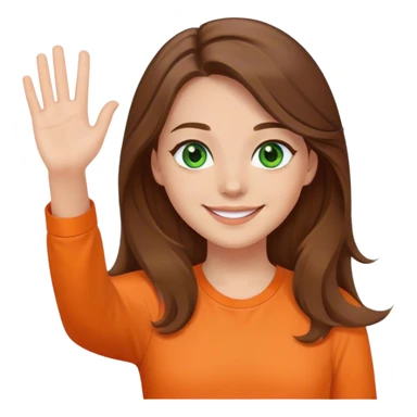 smiling girl with brown hair, long hair, middle hair part, waving, green eyes, orange shirt sticker