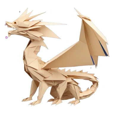 Beige Origami dragon made of newspapers on fire, surrounded by fairy lights nebula galaxy stars swirls iridescent covered in dried flowers bokeh library sticker