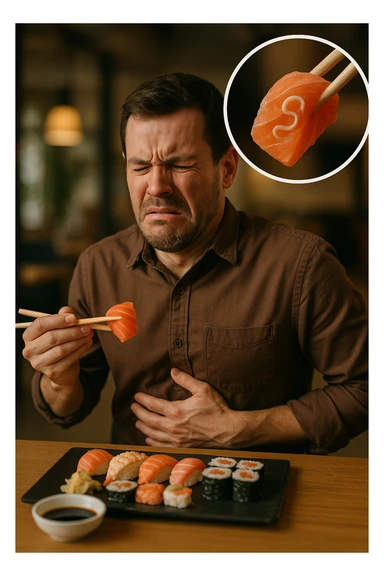 a man sits at a restaurant table, eating a plate of raw fish (such as sushi or sashimi). In a magnified inset, an Anisakis larva is visible inside a piece of fish. The man’s expression changes from enjoyment to sudden discomfort, holding his stomach with a pained look. The background is softly blurred, focusing on the man and the food. in italiano sticker