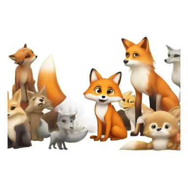 A cute orange fox with big eyes sitting under a tree, surronded by animal friends looking shy as others talk sticker
