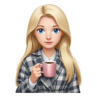 girl
blue eyes
long blond hair
wearing grey plaid housecoat
holding a white mug of coffee
wearing rose gold apple watch  sticker
