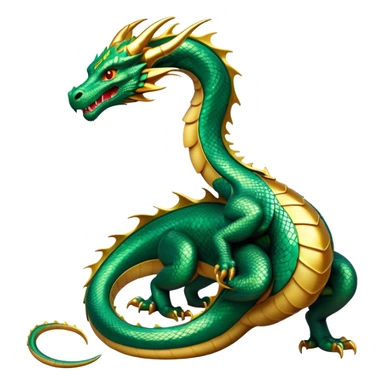 cinematic-noble-dragon-full body-emoji,-poised-and-majestic,-with-a-sinuous,-elongated-build-and-shimmering,-scale-covered-skin-in-hues-of-emerald-and-gold,-piercing,-fiery-eyes,-simplified-yet-sharp-and-sophisticated-features,-highly-detailed, zoomed out showing the serpentine body sticker