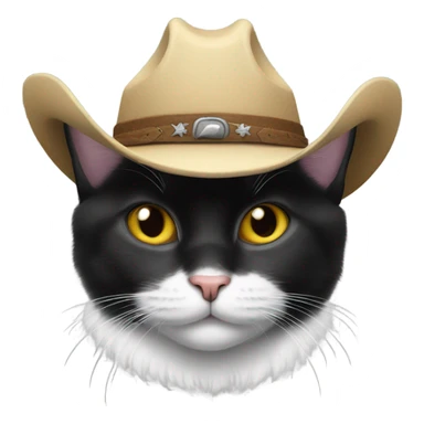Black and white Manx cat with a cowboy hat sticker