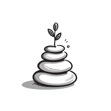 A zen-like balanced stack of smooth stones with a small plant growing beside it, representing balance and stress relief. Simple hand-drawn doodle style. sticker
