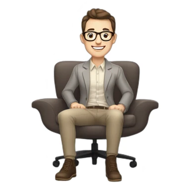 Joyful Celebrating victory Pale skinned Fit Man With dark brown hair in gray jacket, beige office shirt, Brown pants and vintage glasses sitting In a soft chair sticker