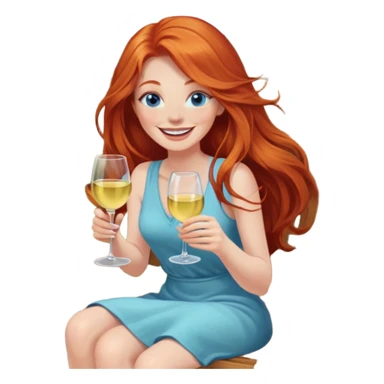 Laughing redhead with long hair and blue eyes holding white wine sitting in chair beside fire pit in backyard sticker