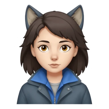 Hobo tomboy with dark brown hair in a wolf cut style, brown eyes, dirty dark grey coat, blue-grey shirt. sticker