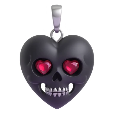 3D emoji gothic heart, black satin texture, silver skull charm, deep red gemstone sticker