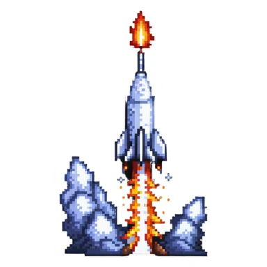 A pixel art rocket launching upward with fire and smoke trail sticker