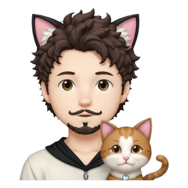 white boy with cat tail with goatee hair and cat ears with dark brown hair and anime features woth curly hair  sticker