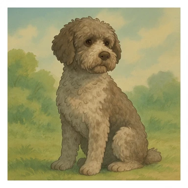 illustration of a roan Lagotto Romagnolo dog, sitting, soft background, ghibli style sticker
