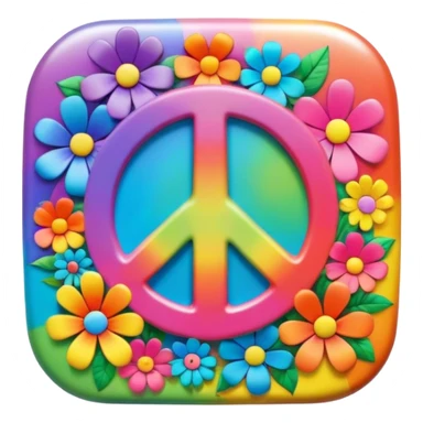 Beveled square shaped psychedelic colored button with rainbow colored hippie style 3D flowers and a peace sign in the center sticker