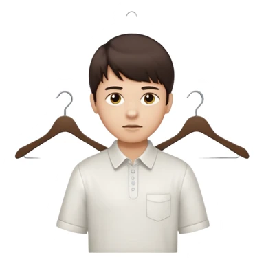 boy dark brown hair with bangs with straight eyebrows with  clothing hanger and the shirt that is hanged is white sticker