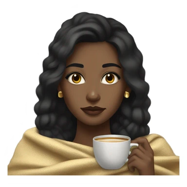 brown skin girl, with 3b type black hair, drinking peppermint tea, upturned dark brown eyes, black eyebrows, gold necklace and gold earrings, and dark grey blanket. sticker