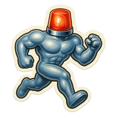 silver muscular robot with a red police light head, running forward, retro stickers style sticker