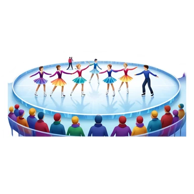 An icon showing a scenic ice rink with multiple figure skaters performing elegant moves under soft spotlight beams. Surrounded by audience stands and shimmering ice, the scene reflects harmony, grace, and the magic of figure skating. Transparent background included sticker