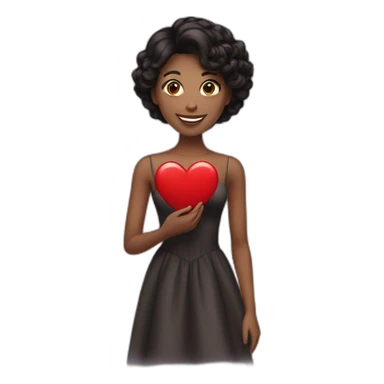  20 year old woman with brown skin wearing a formal dress, black hair, smiling and holding a red heart sticker
