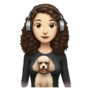 White girl, dark long hair in headphones with brown poodle sticker