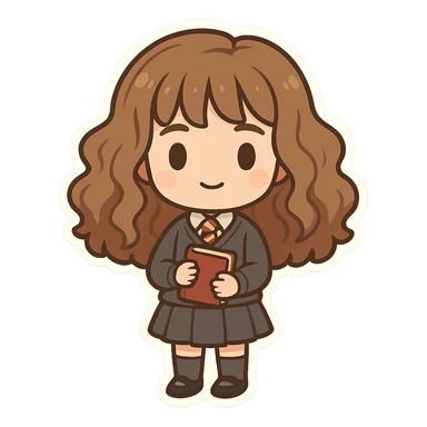 cute chibi character inspired by Hermione Granger with the same proportions as Luna Lovegood chibi, voluminous brown hair, Hogwarts uniform including sweater, tie, skirt, socks, and shoes, holding a book, transparent background, same style as references sticker