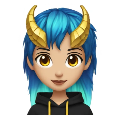 Lady with brunette and iridescent blue hair, gold, lime green dragon wings, black hoodie, bleach dyed, black and gold Nike t shirt, and bright red eyes sticker