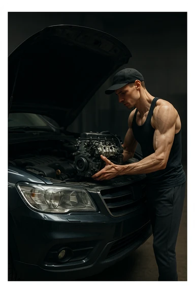 a lean, slimmed-down bodybuilder in gym clothes stands beside a large, imposing car (like an SUV or luxury sedan) with the hood open. Con attenzione e un po’ di fatica, solleva e installa un piccolo motore nel grande vano motore dell’auto. Il contrasto tra la stazza dell’auto e la dimensione ridotta sia del motore che del bodybuilder è evidente. L’atmosfera è riflessiva e simbolica. sticker