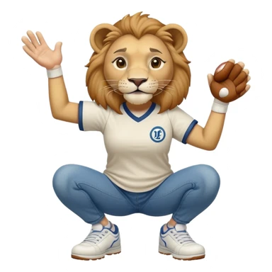 friendly anthropomorphised female lion wearing a baseball shirt, jeans, and trainers, in a squat position, lifting something up sticker