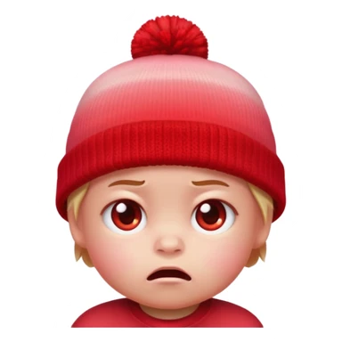 a baby red upset face emoji with a glowing pastel red gradient behind it, red beanie hat on sticker