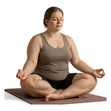 hyper realistic 4K woman doing yoga, fat on thighs and legs, normal physique, relaxing atmosphere, realistic details sticker