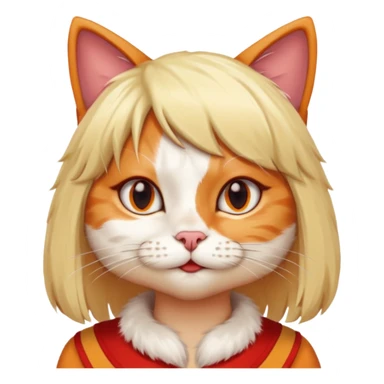 A cat with a wig on and red human nails sticker