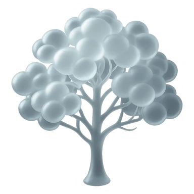 one tree with many branches and a white trunk, crown made of small very bright white fluffy convex clouds, matte glass style sticker