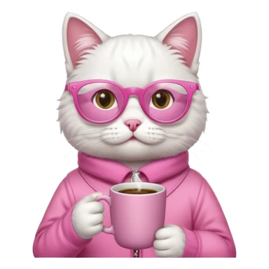 White cat, pink clothes and pink glasses, holding coffee mug sticker