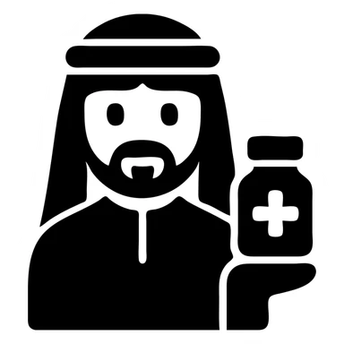 Arab man with traditional headdress holding medicine bottle sticker