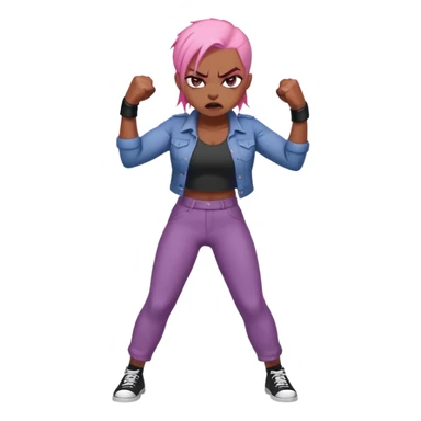 full body angry feminist with half bald head and half pink hair, extremely angry facial expression, fists clenched, aggressive stance sticker