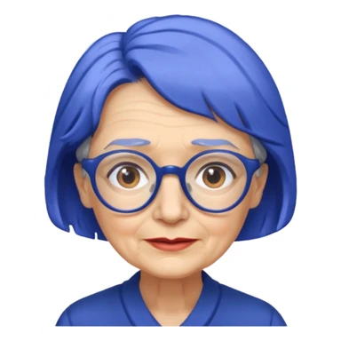 old lady with cobalt hair, wearing glasses, slight curl short hair, long face sticker